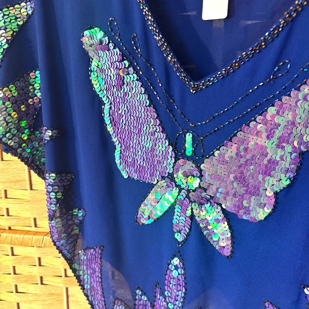 Free People Vintage Sequin Butterfly Blue Top in Blue 90s Festival Crop Small